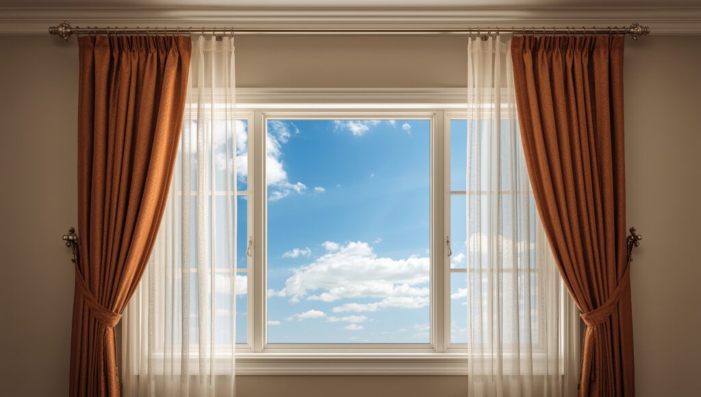 &acirc;Window with sheer white and brown curtains framing a bright blue sky with clouds&acirc;